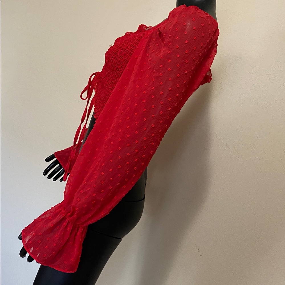 Romantic Red Ruched Sheer Sleeve Tie up Crop Top Blouse - Picture 6 of 12